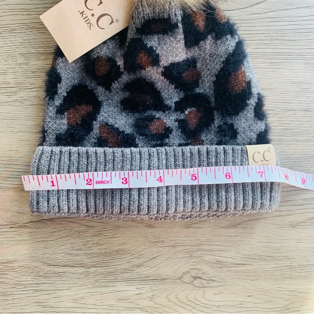 C.C. Kids Gray Brown Black Faux Fur Pom Pom Soft Knit Beanie | NWT